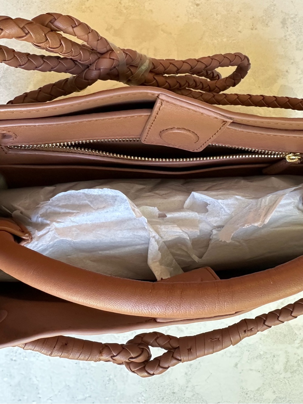 Quince Italian Leather Handwoven Large Satchel Cognac Color - Picture 11 of 14